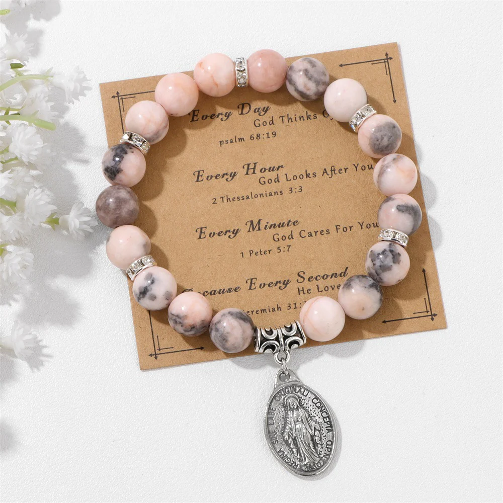 Pink and White Zebra Stone Miraculous Medal Stretch Bracelet - Image 4