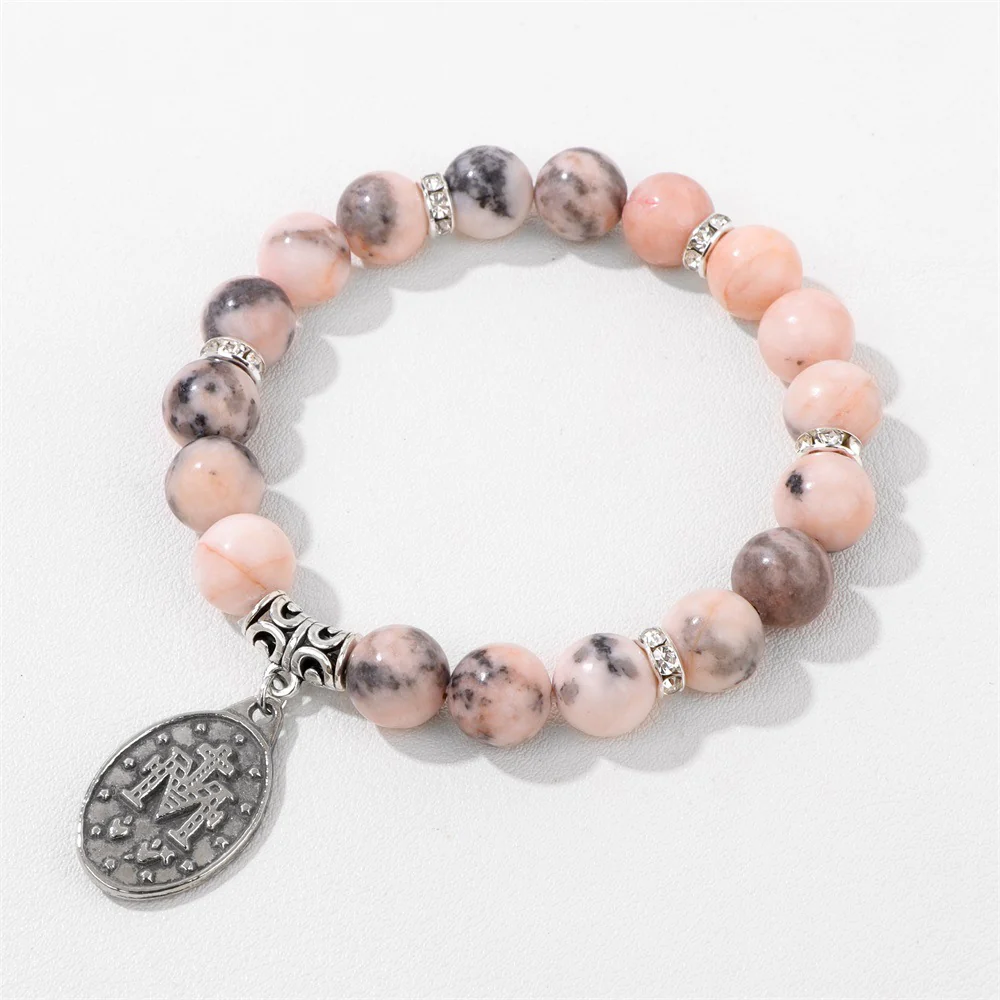 Pink and White Zebra Stone Miraculous Medal Stretch Bracelet - Image 5