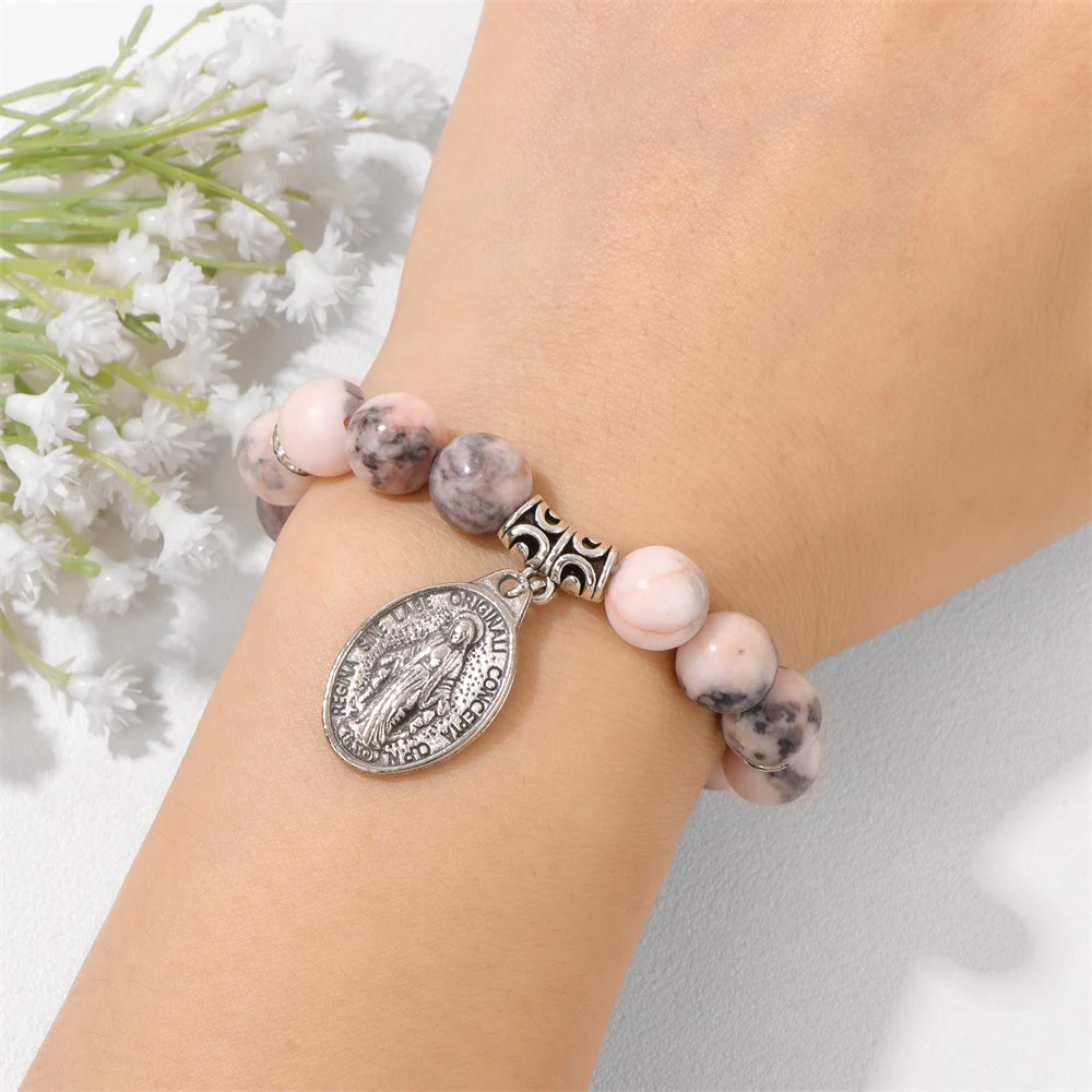 Pink and White Zebra Stone Miraculous Medal Stretch Bracelet - Image 6