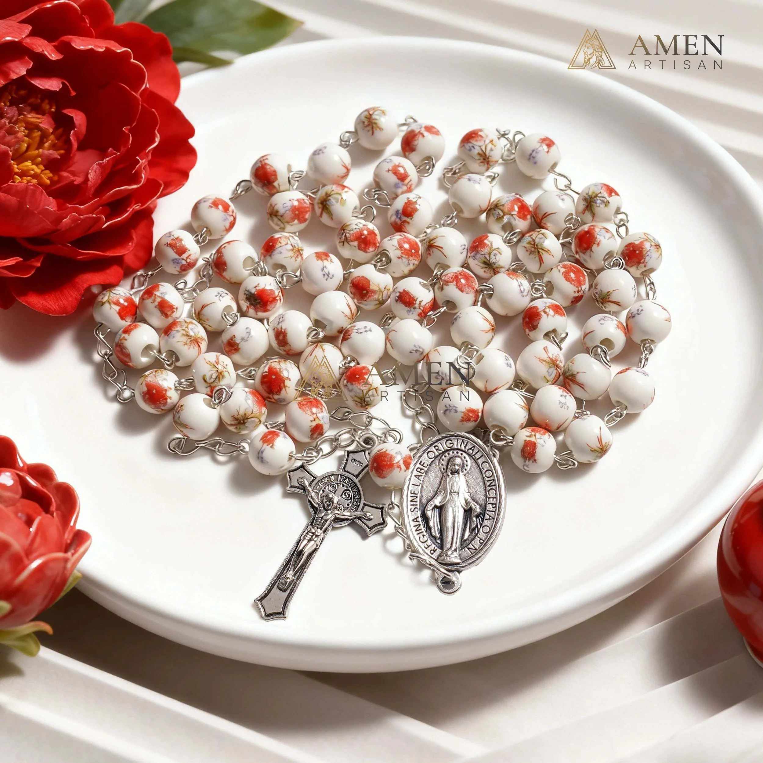 Plum Blossom Ceramic Rosary Amen Artisan - Image 2