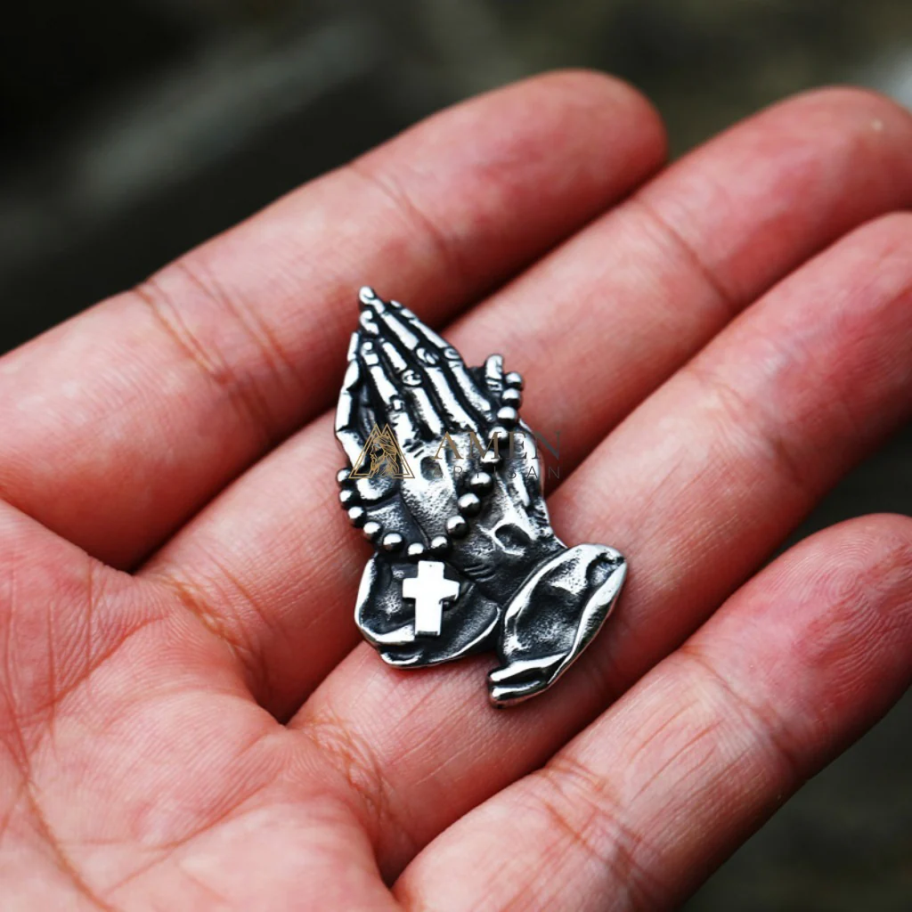 Praying Hands Cross Rosary Pendant Necklace Amen Artisan - Image 4