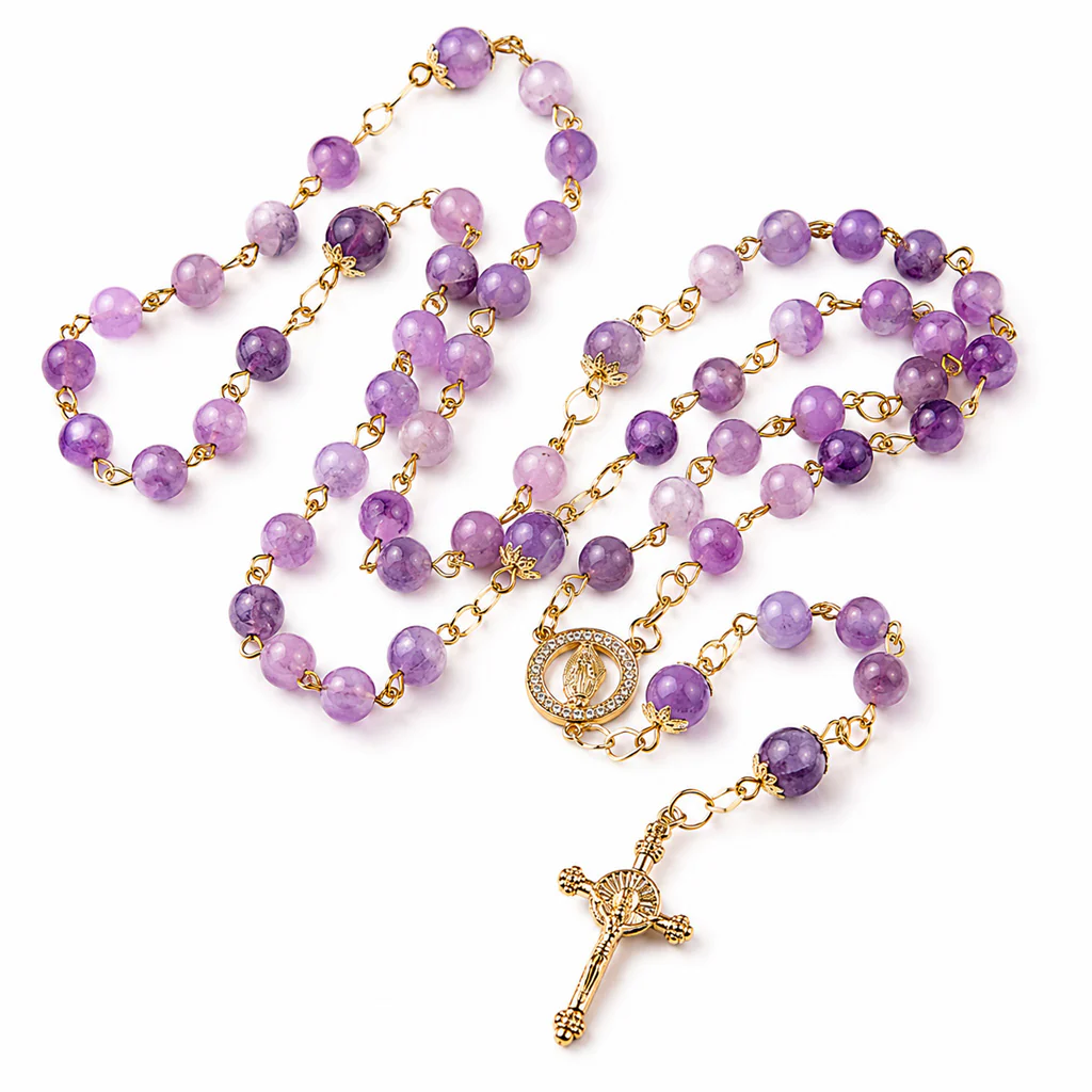 Purple Marbled Rosary with Gold-Tone Marian Medal - Image 2
