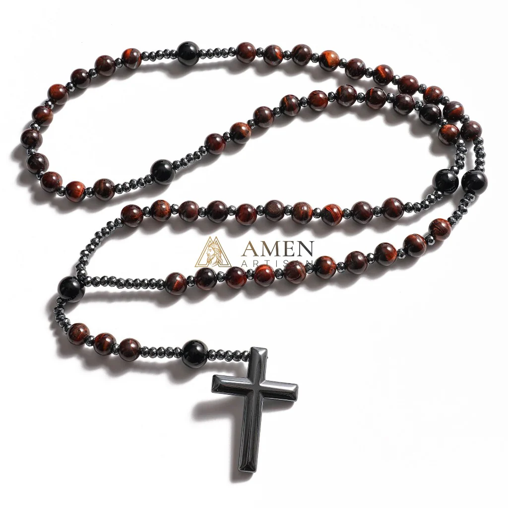 Red Tiger Eye Cross Rosary Amen Artisan - Image 2
