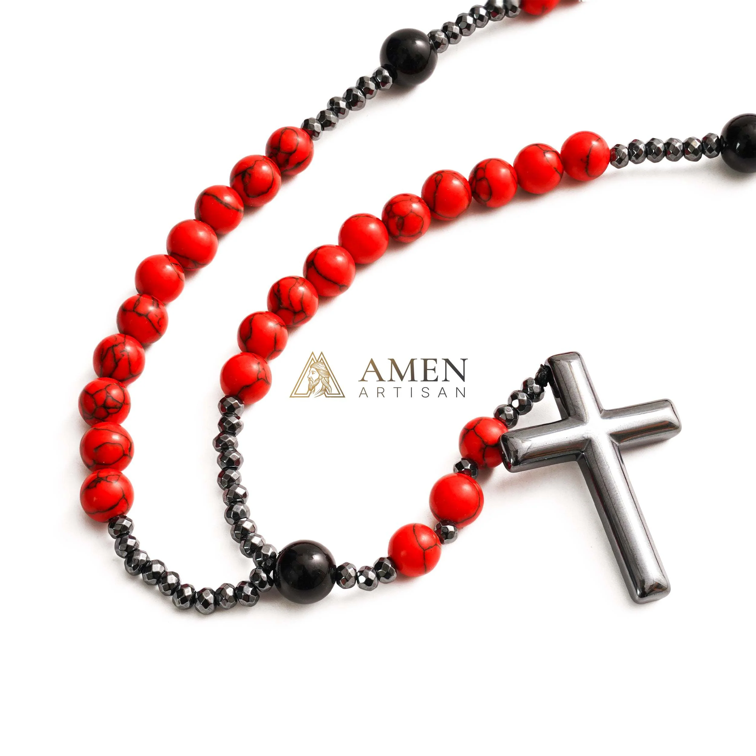 Red Turquoise Cross Rosary Amen Artisan - Image 4