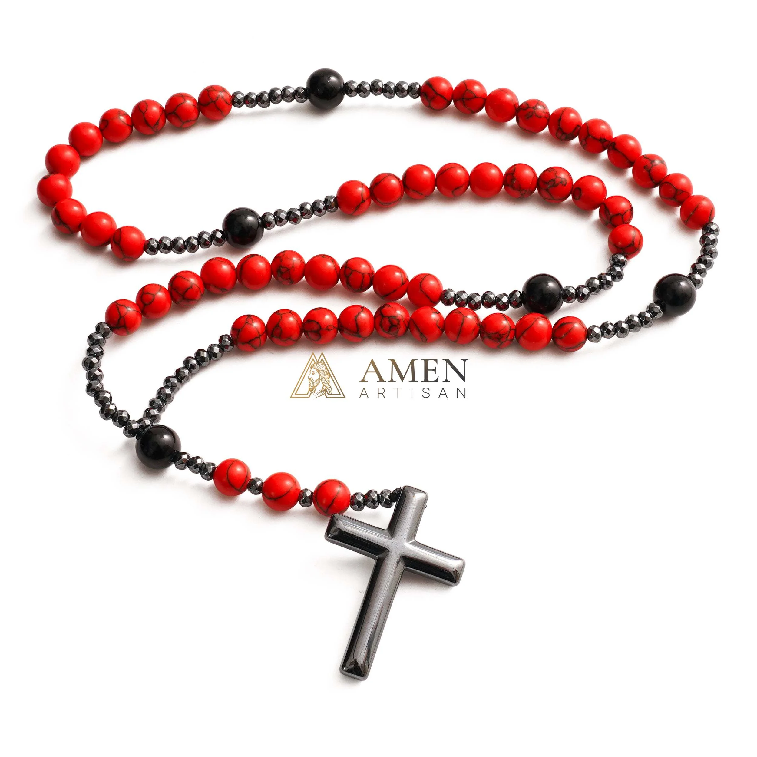 Red Turquoise Cross Rosary Amen Artisan - Image 6