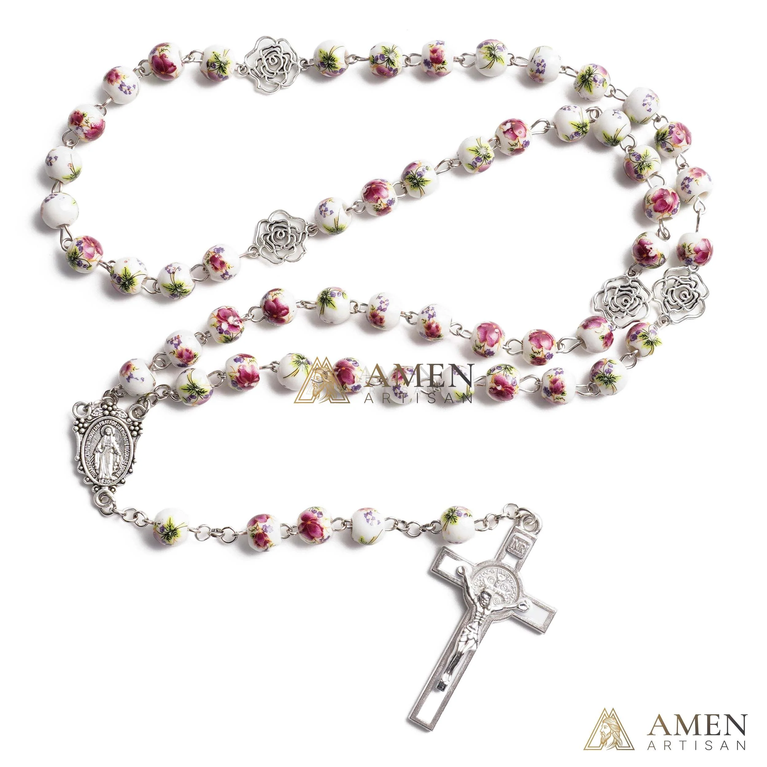 Rose Ceramic Rosary Amen Artisan - Image 3