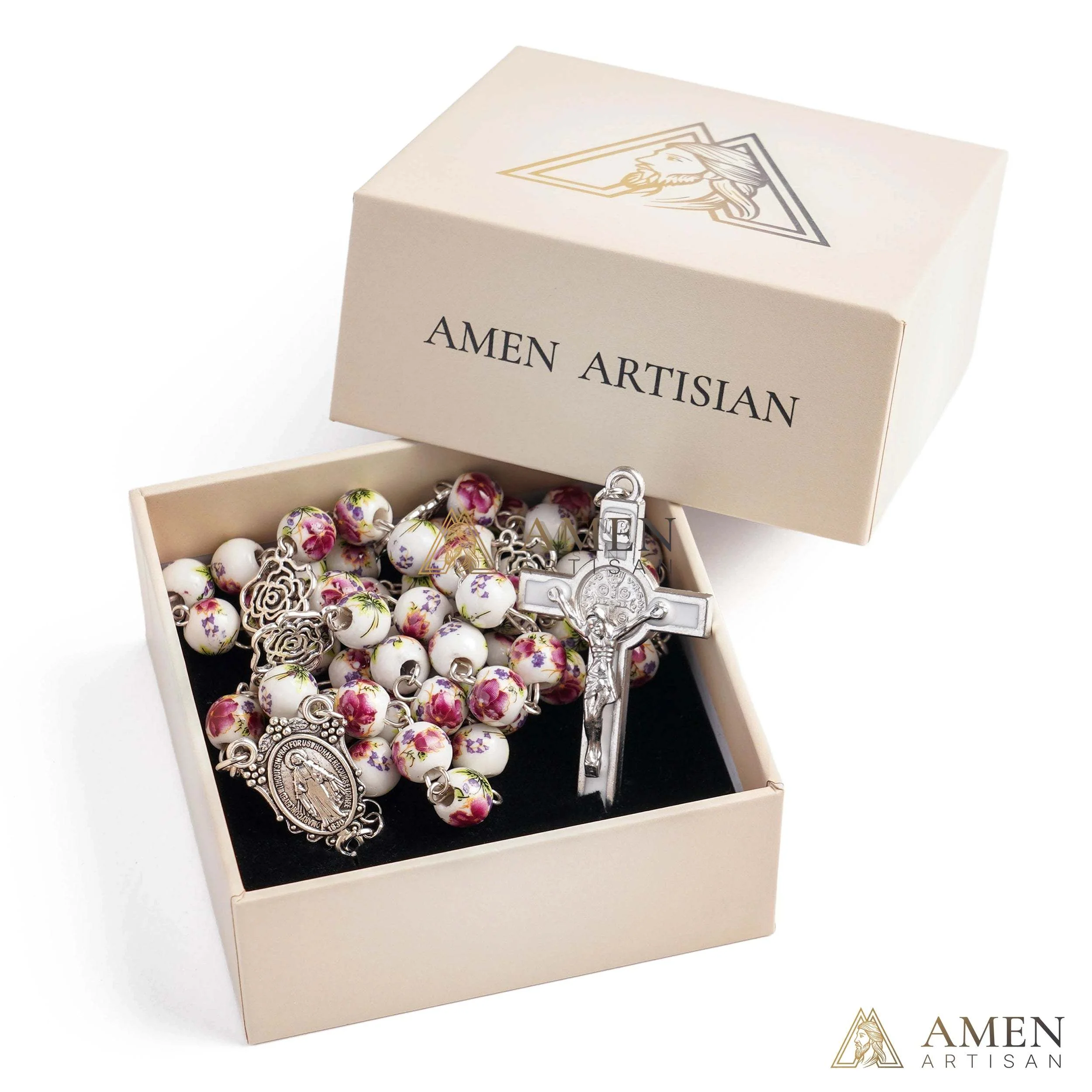 Rose Ceramic Rosary Amen Artisan - Image 5