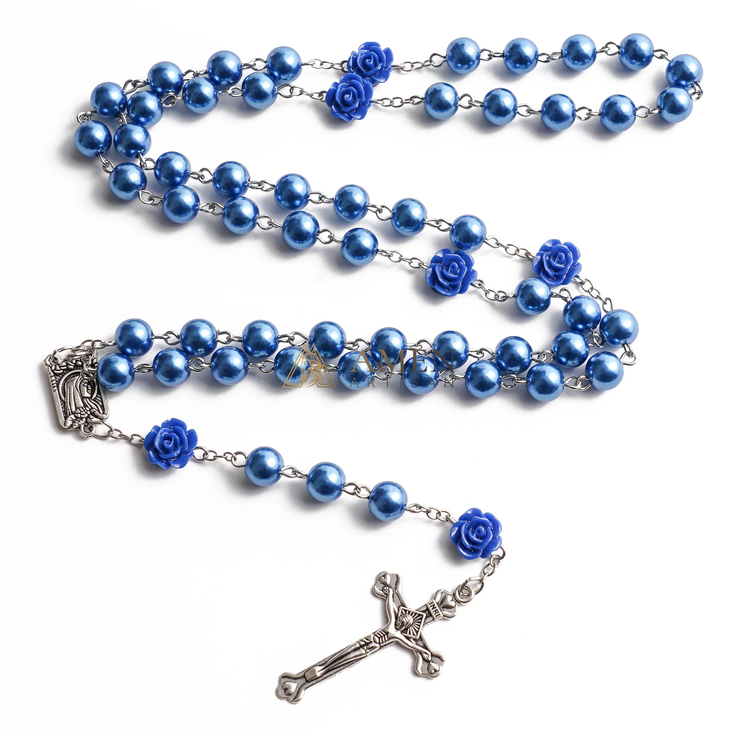 Royal Blue Rosary with Rose Accent, Cross and Saint Medal - Hope, Love & Blessing |  Amen Artisan - Image 2