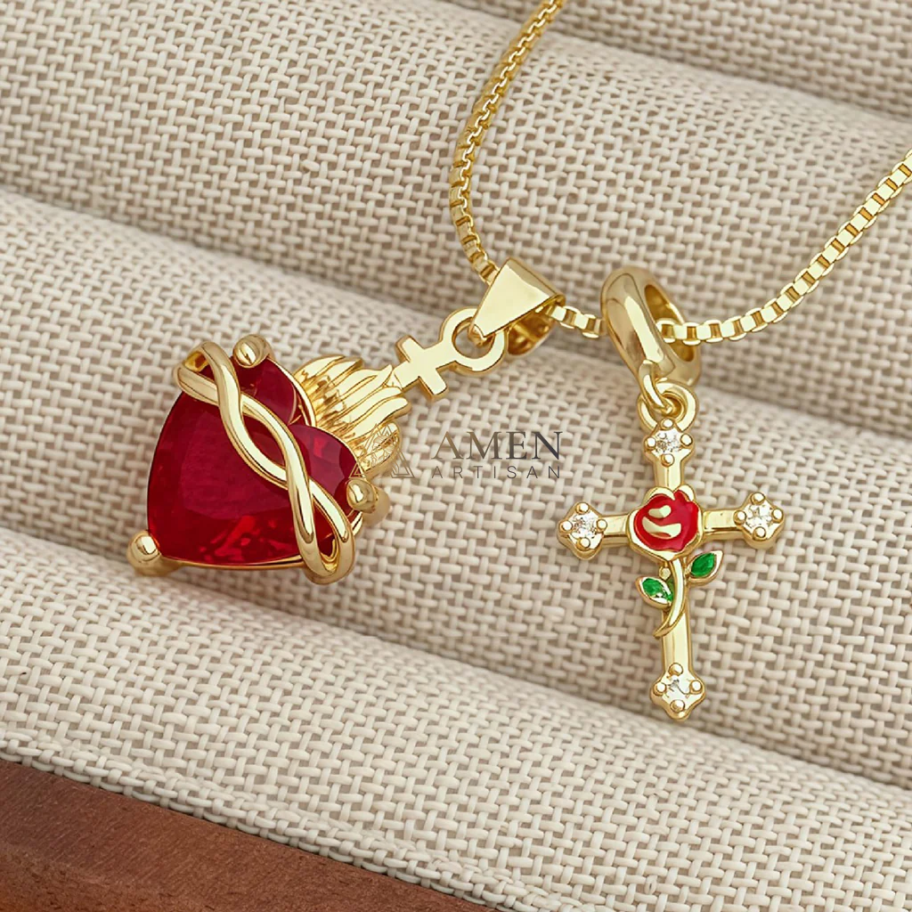 Sacred Heart & Rose Cross Multi-Pendant Necklace