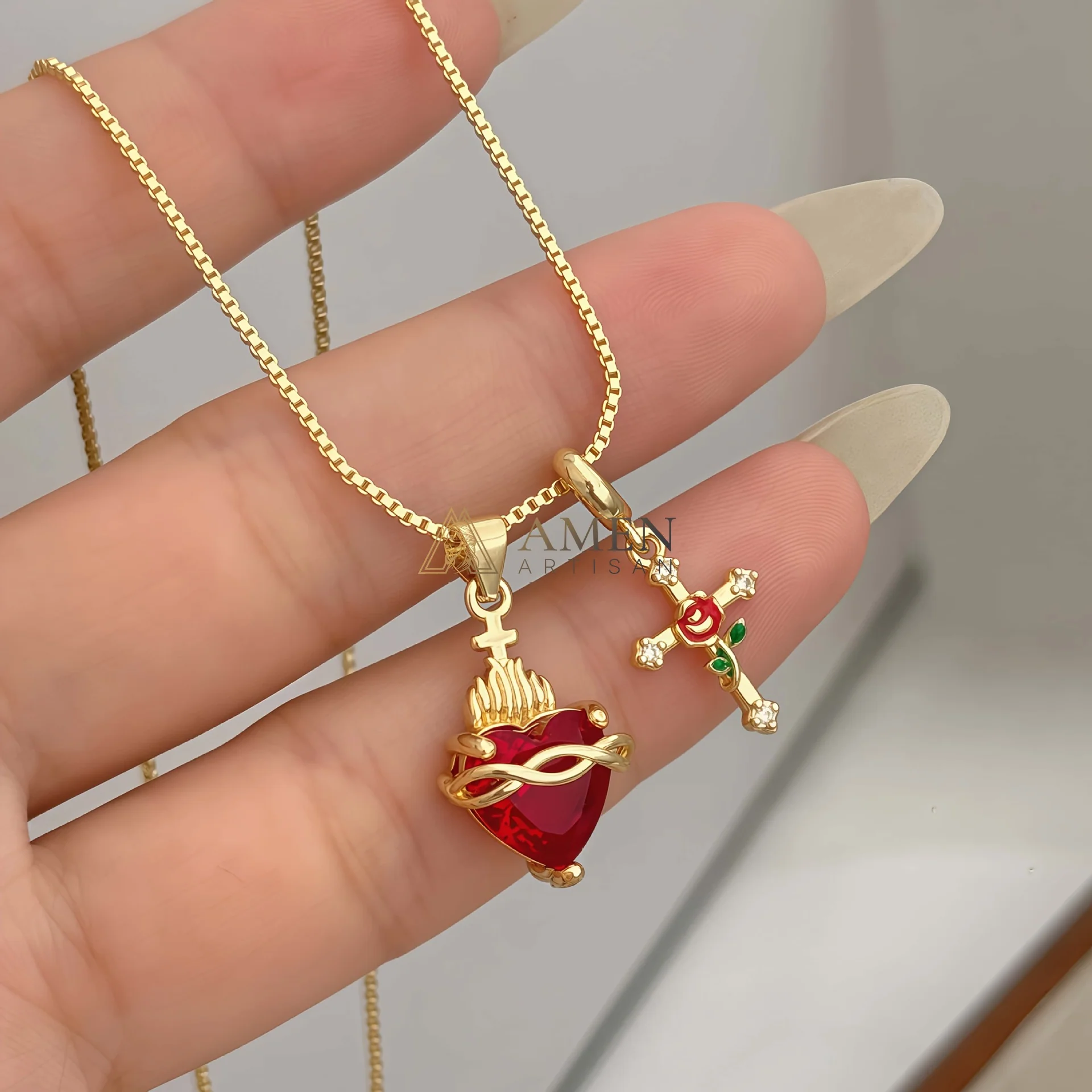 Sacred Heart & Rose Cross Multi-Pendant Necklace - Image 4