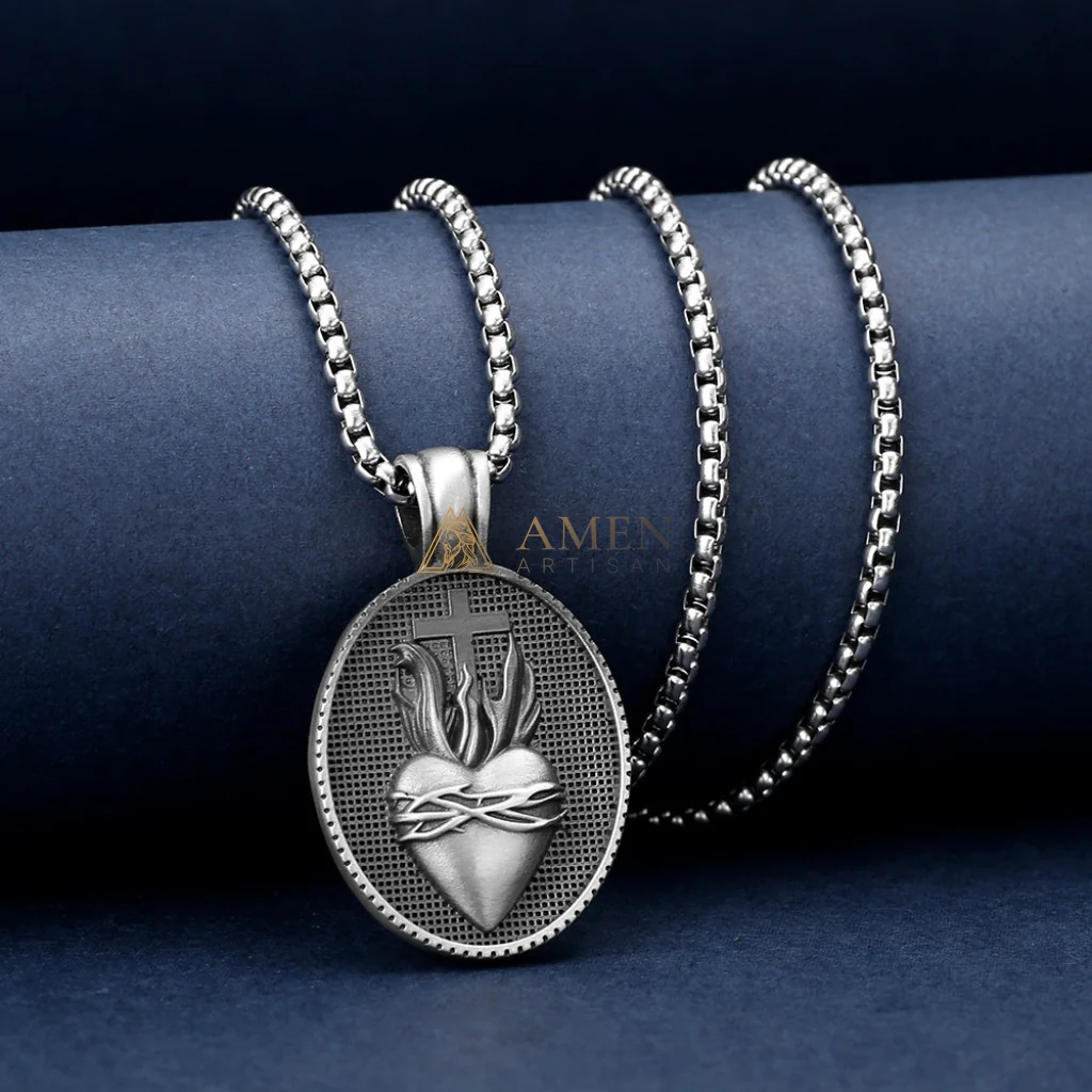 Sacred Heart with Flame & Cross Oval Pendant Necklace Amen Artisan