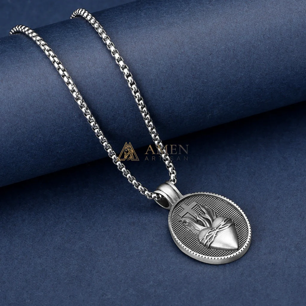 Sacred Heart with Flame & Cross Oval Pendant Necklace Amen Artisan - Image 2