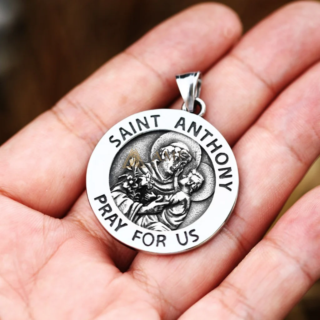 Saint Anthony Round Prayer Pendant Necklace Amen Artisan - Image 3