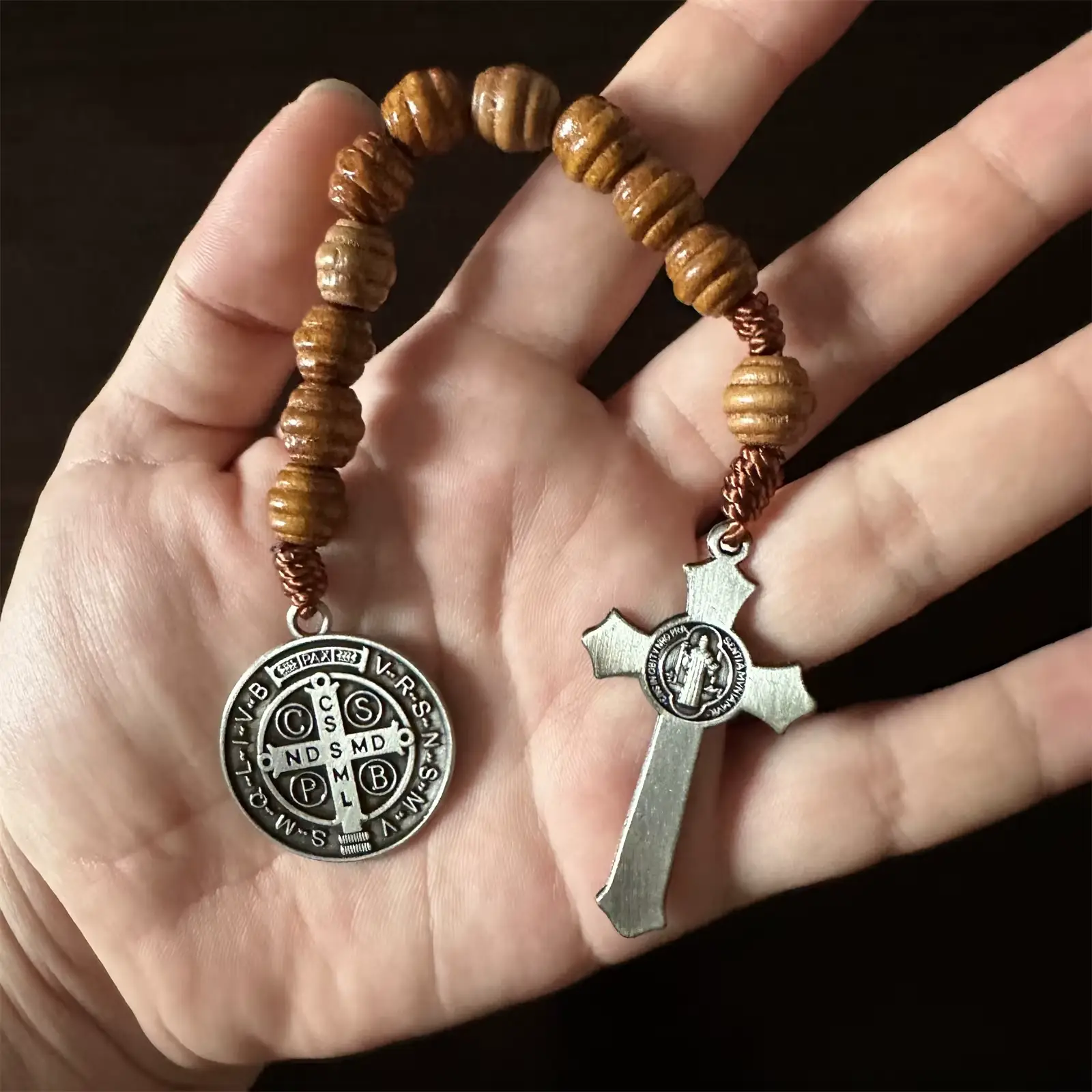Saint Benedict Crucifix Beehive Wood Rosary Amen Artisan - Image 4