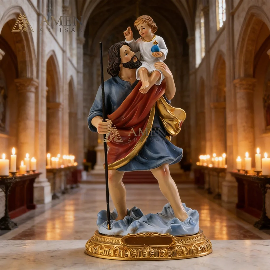 Saint Christopher & Child Jesus Hand-Painted Religious Statue Amen Artisan - Image 2