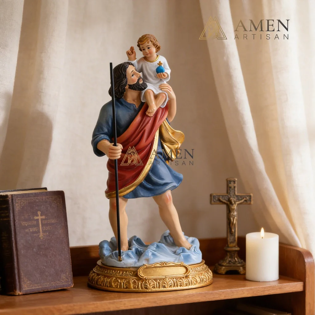 Saint Christopher & Child Jesus Hand-Painted Religious Statue Amen Artisan - Image 3