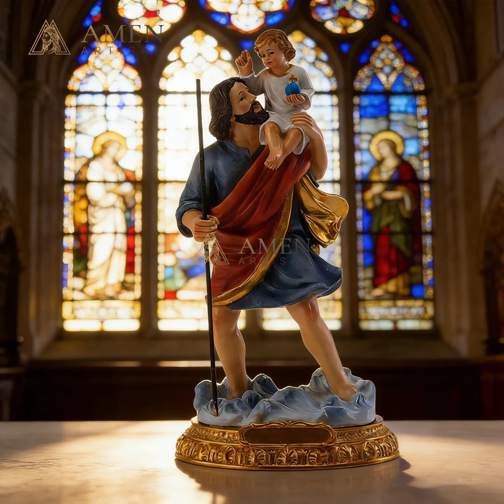 Saint Christopher & Child Jesus Hand-Painted Religious Statue Amen Artisan - Image 4
