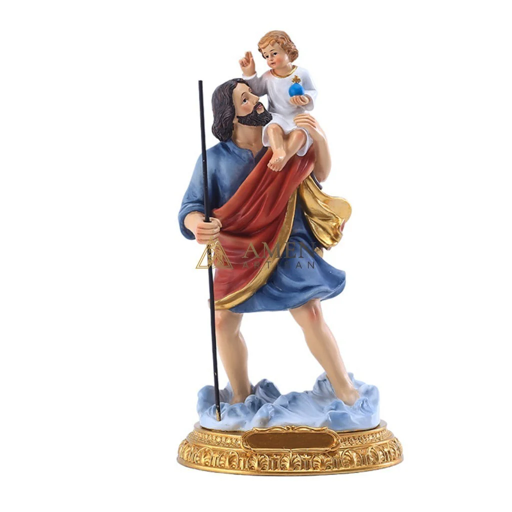 Saint Christopher & Child Jesus Hand-Painted Religious Statue Amen Artisan - Image 5