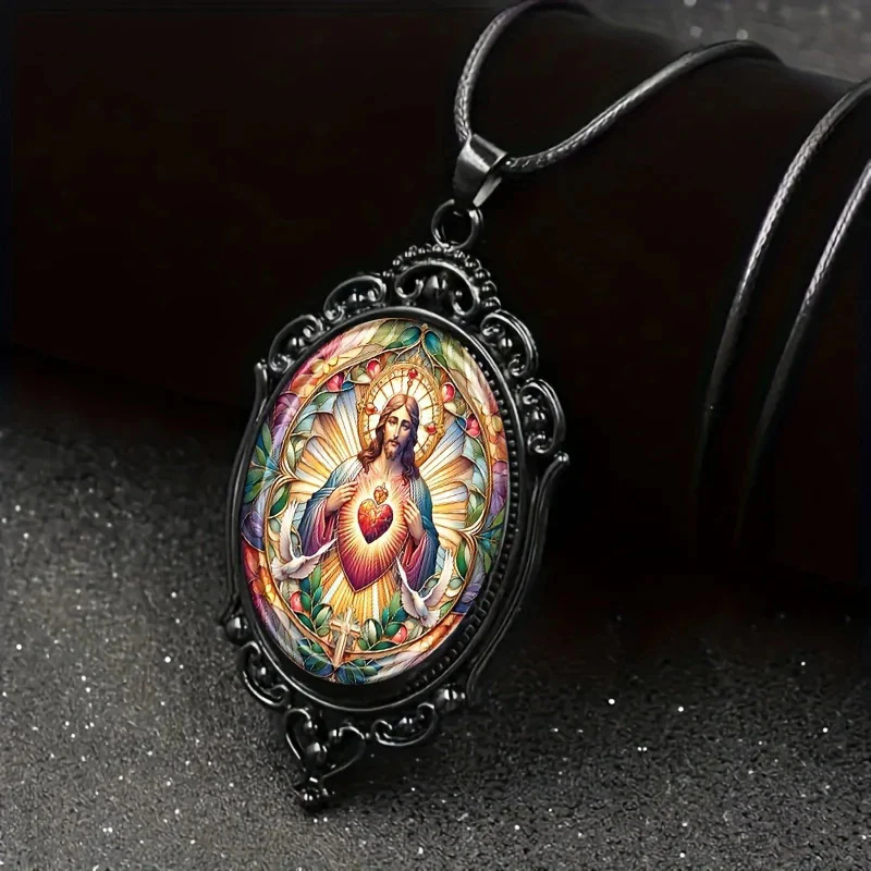 Simple black lace-edged base oval crystal Sacred Heart pendant