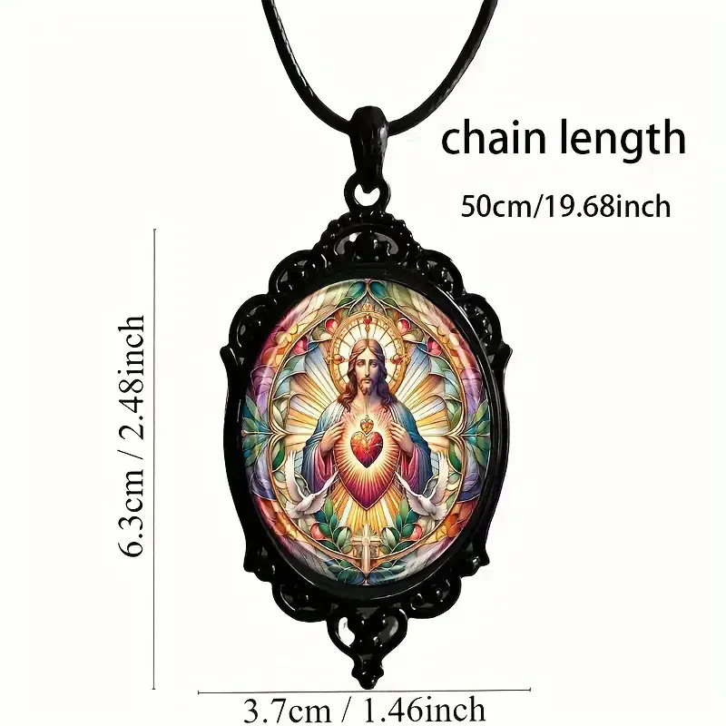 Simple black lace-edged base oval crystal Sacred Heart pendant - Image 3