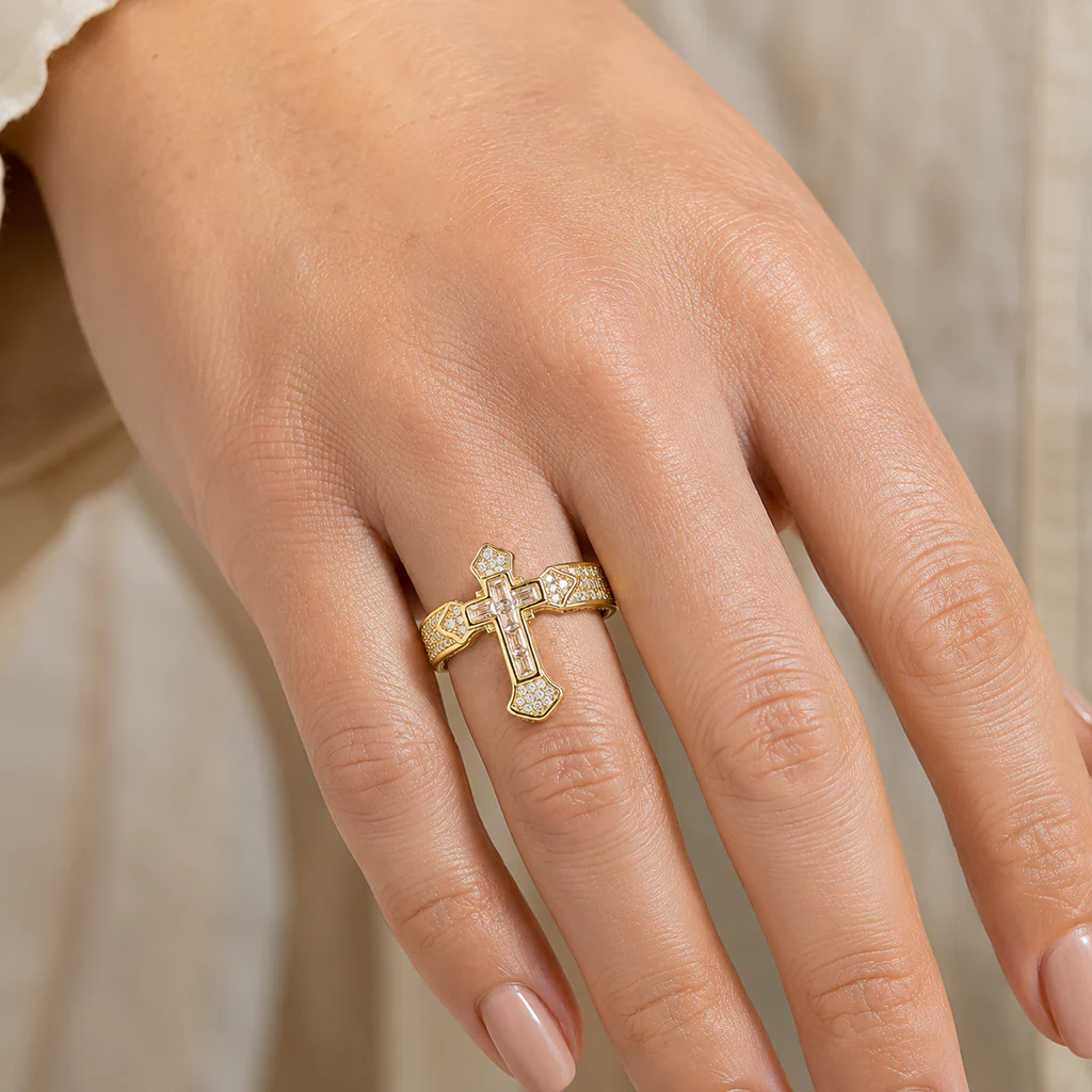 Sparkling Cross Statement Ring with Rhinestone Accents - Image 3