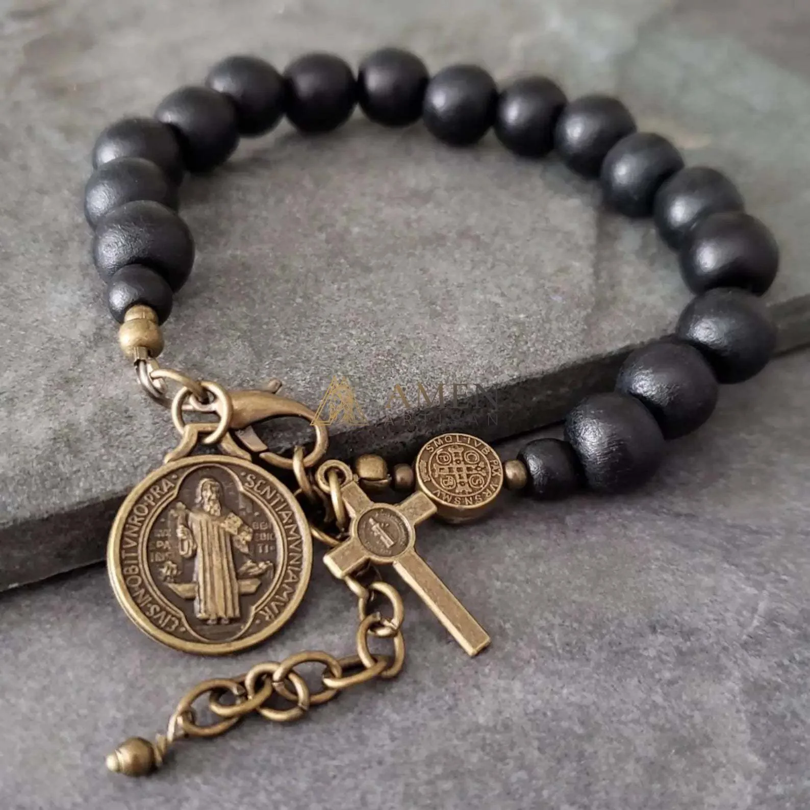 Black Wood Beads Brass Saint Benedict Medal Adjustment Bracelet Amen Artisan