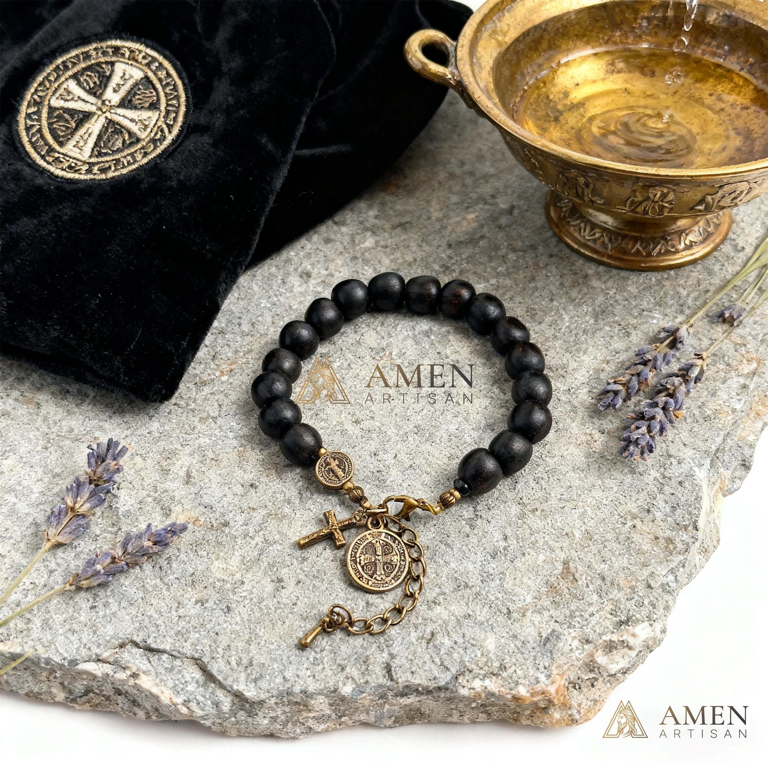 Black Wood Beads Brass Saint Benedict Medal Adjustment Bracelet Amen Artisan - Image 2