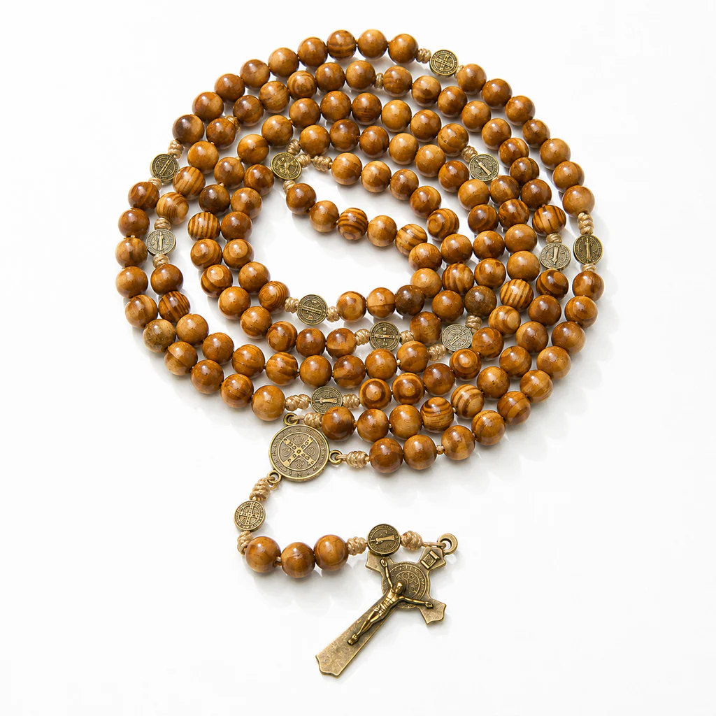 St. Benedict Wooden Rosary with Bronze-Tone Medal Accents