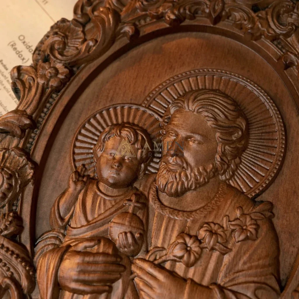 St. Joseph & Child Jesus Wood Carving - Image 2
