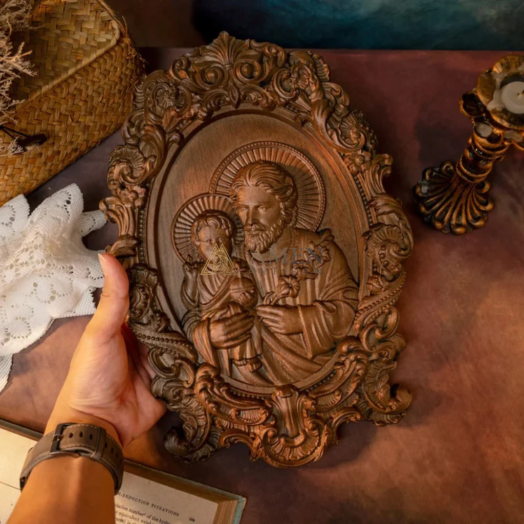 St. Joseph & Child Jesus Wood Carving - Image 5