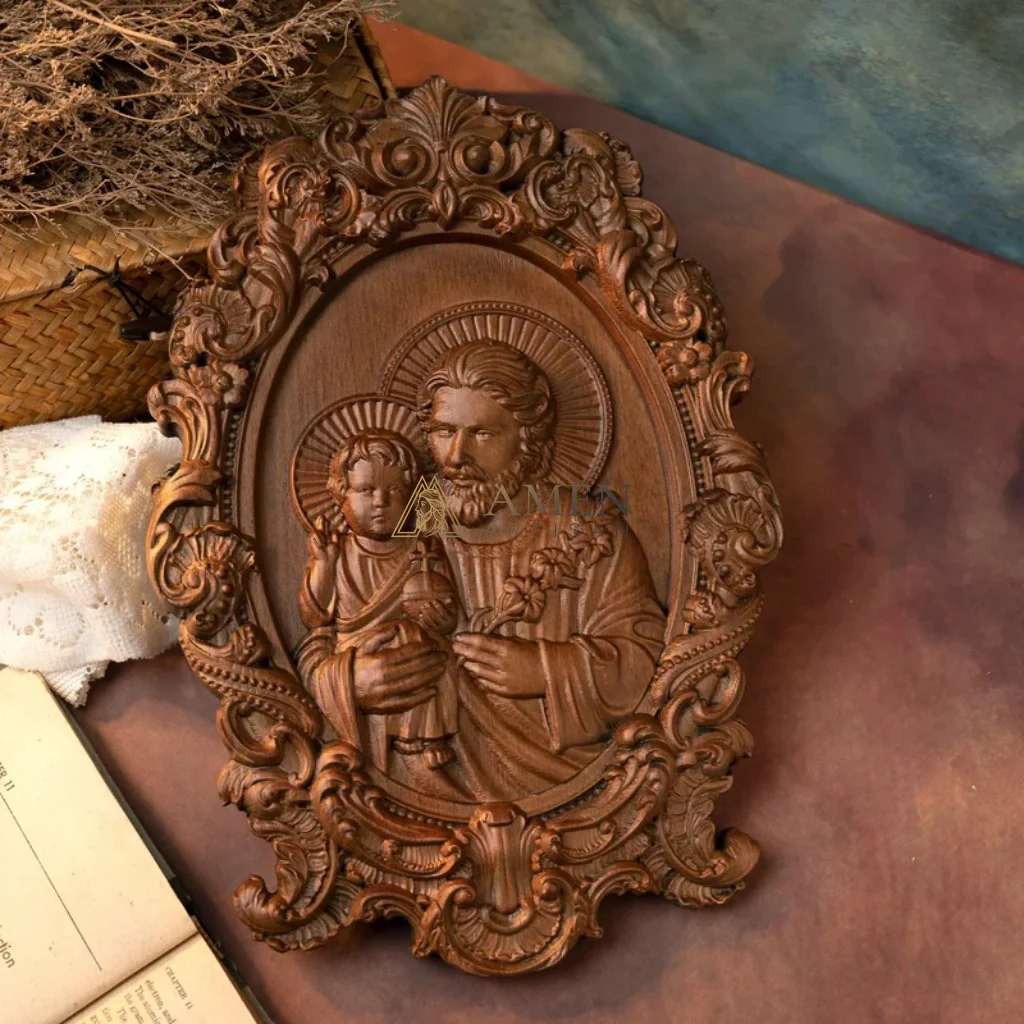 St. Joseph & Child Jesus Wood Carving - Image 6