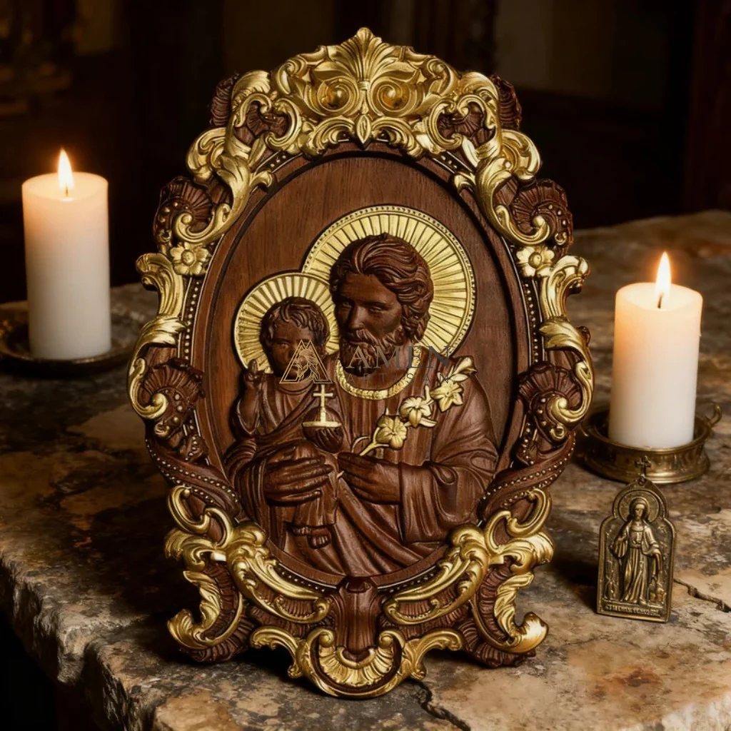 St. Joseph & Child Jesus Wood Carving - Image 7