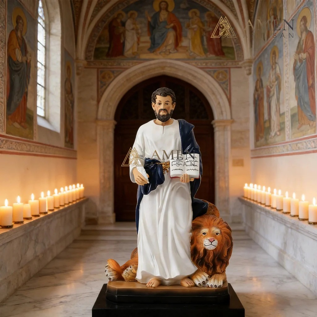 St. Mark the Evangelist with Lion Statue Amen Artisan - Image 2