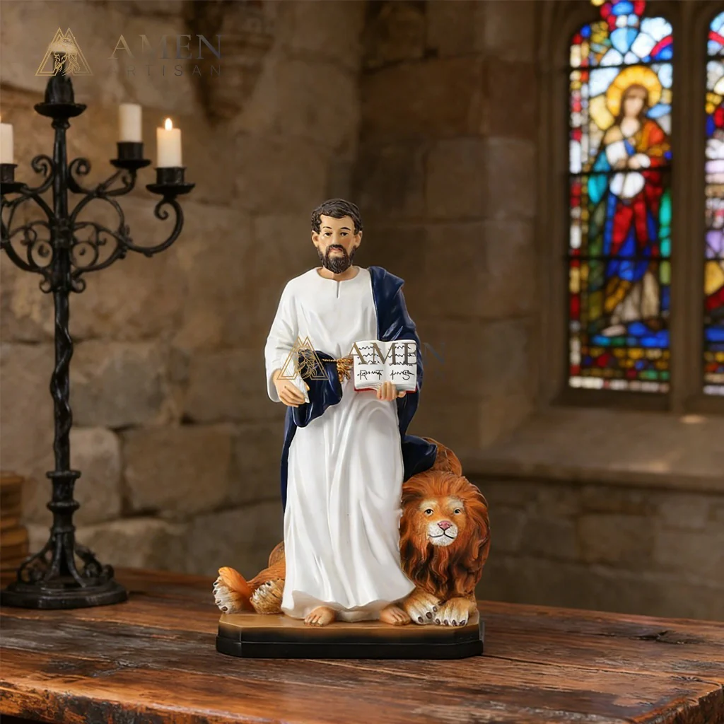 St. Mark the Evangelist with Lion Statue Amen Artisan - Image 3