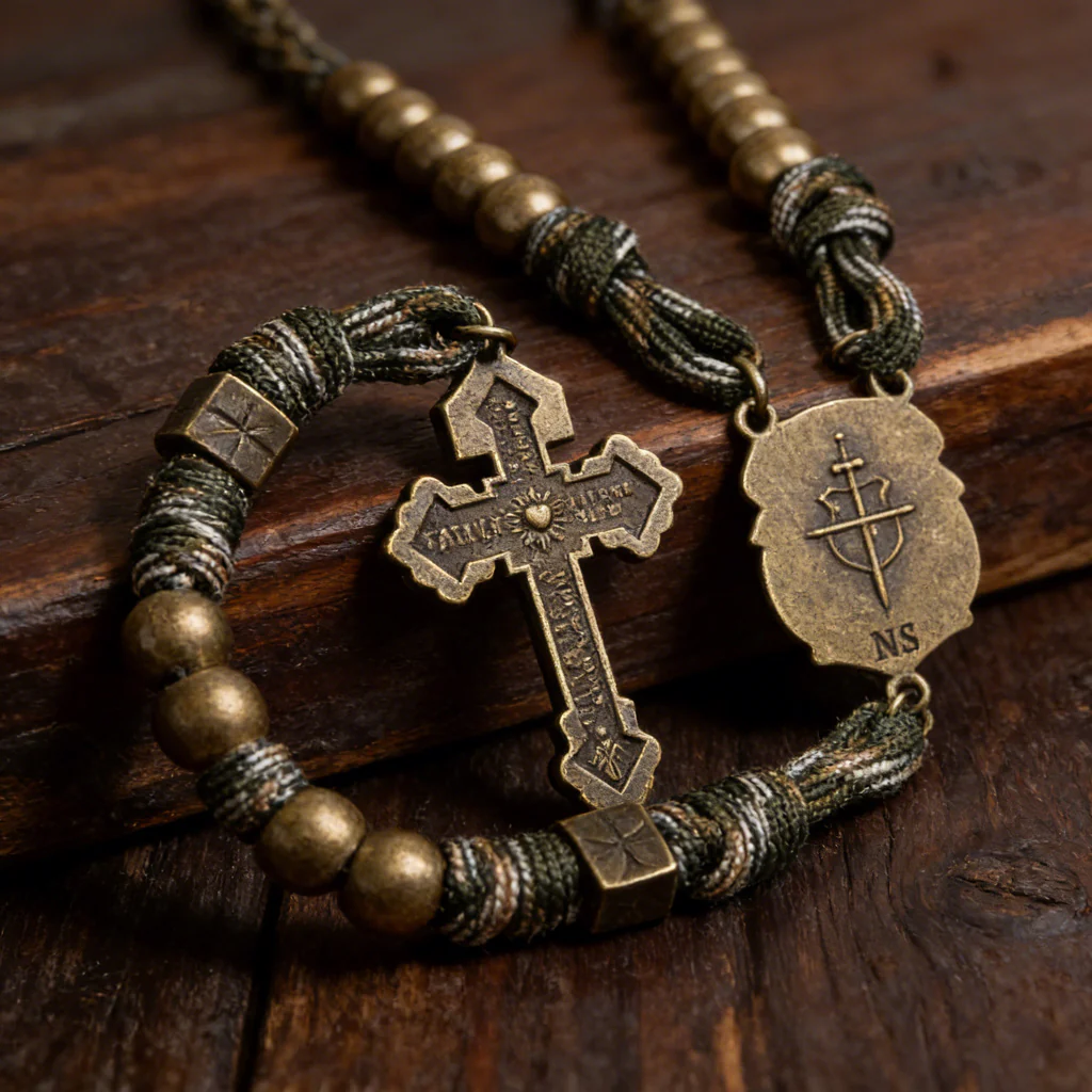 St. Michael Antique Bronze Paracord Rosary Bracelet – Guardian of Faith Amen Artisan - Image 3