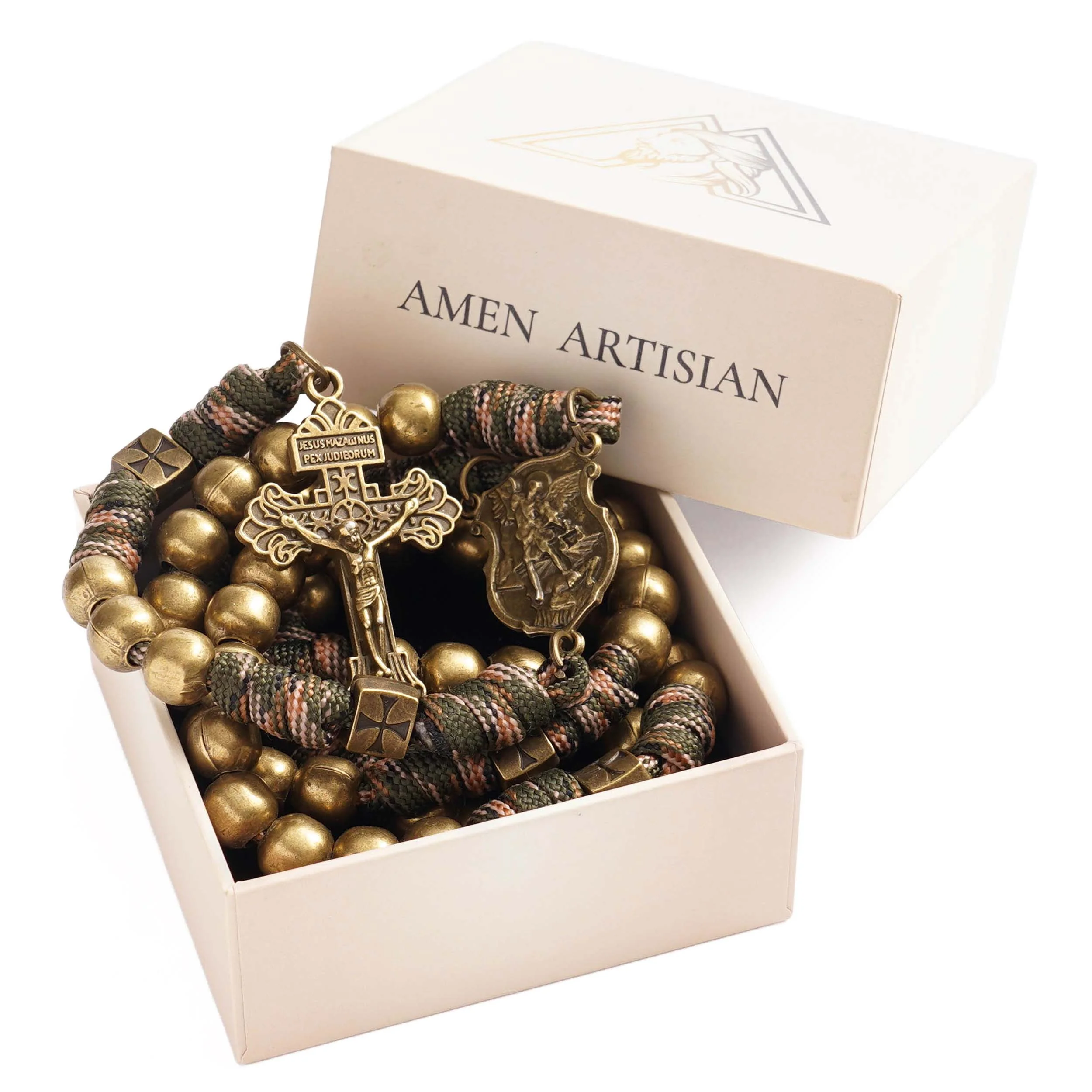 St. Michael Heavyweight Bronze Rosary: 48cm Hand-Braided Tactical Armor | Amen Artisan - Image 6