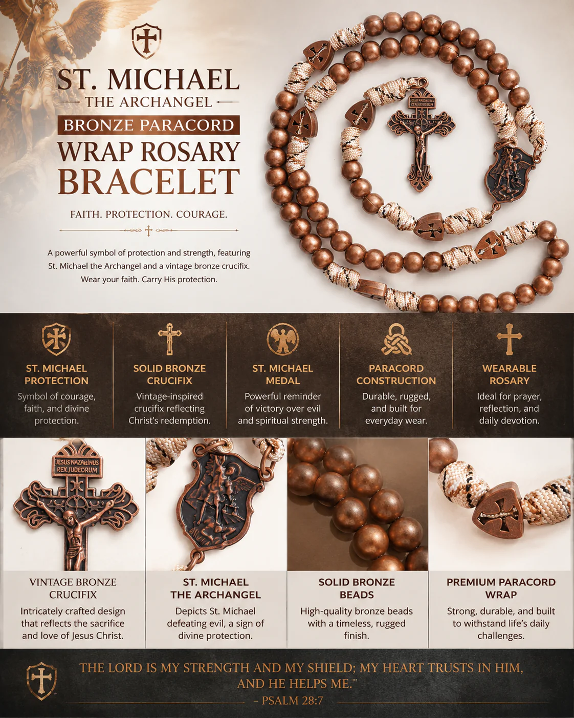 【Deal Today】St. Michael the Archangel Bronze Paracord Wrapped Rosary Bracelet – Faith & Protection Amen Artisan - Image 12
