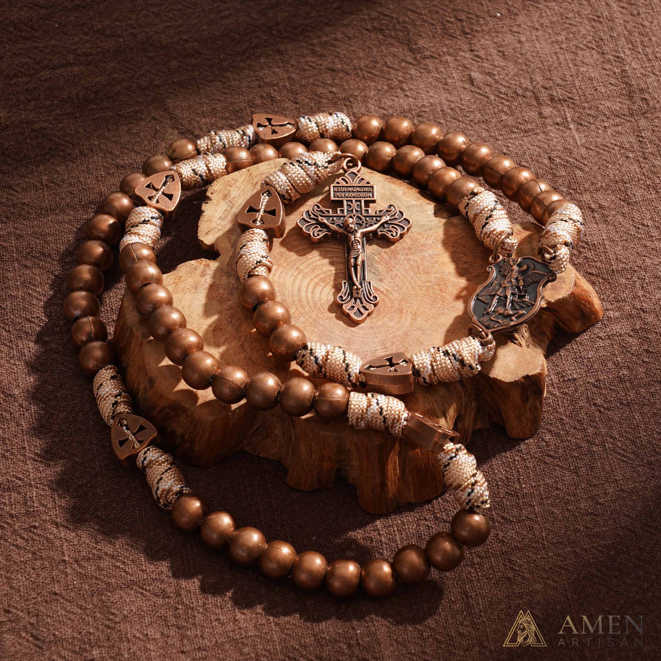 【Deal Today】St. Michael the Archangel Bronze Paracord Wrapped Rosary Bracelet – Faith & Protection Amen Artisan - Image 4