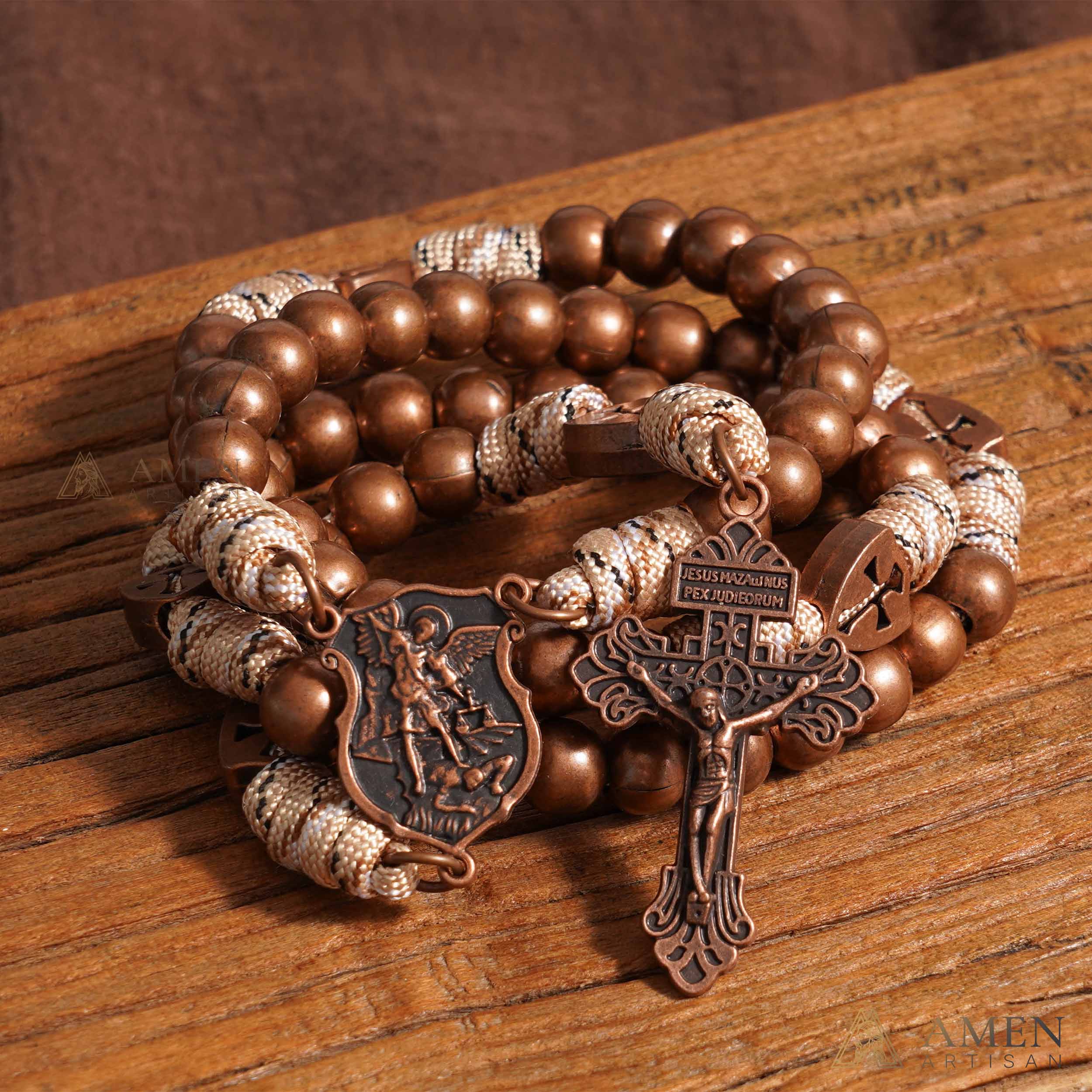 【Deal Today】St. Michael the Archangel Bronze Paracord Wrapped Rosary Bracelet – Faith & Protection Amen Artisan - Image 5