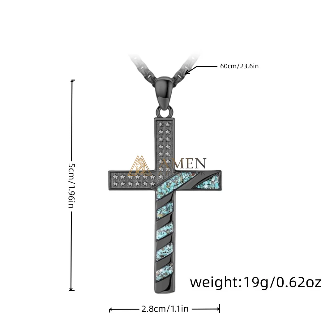 Star-Spangled Banner Turquoise Shard Cross Pendant Necklace Amen Artisan - Image 2