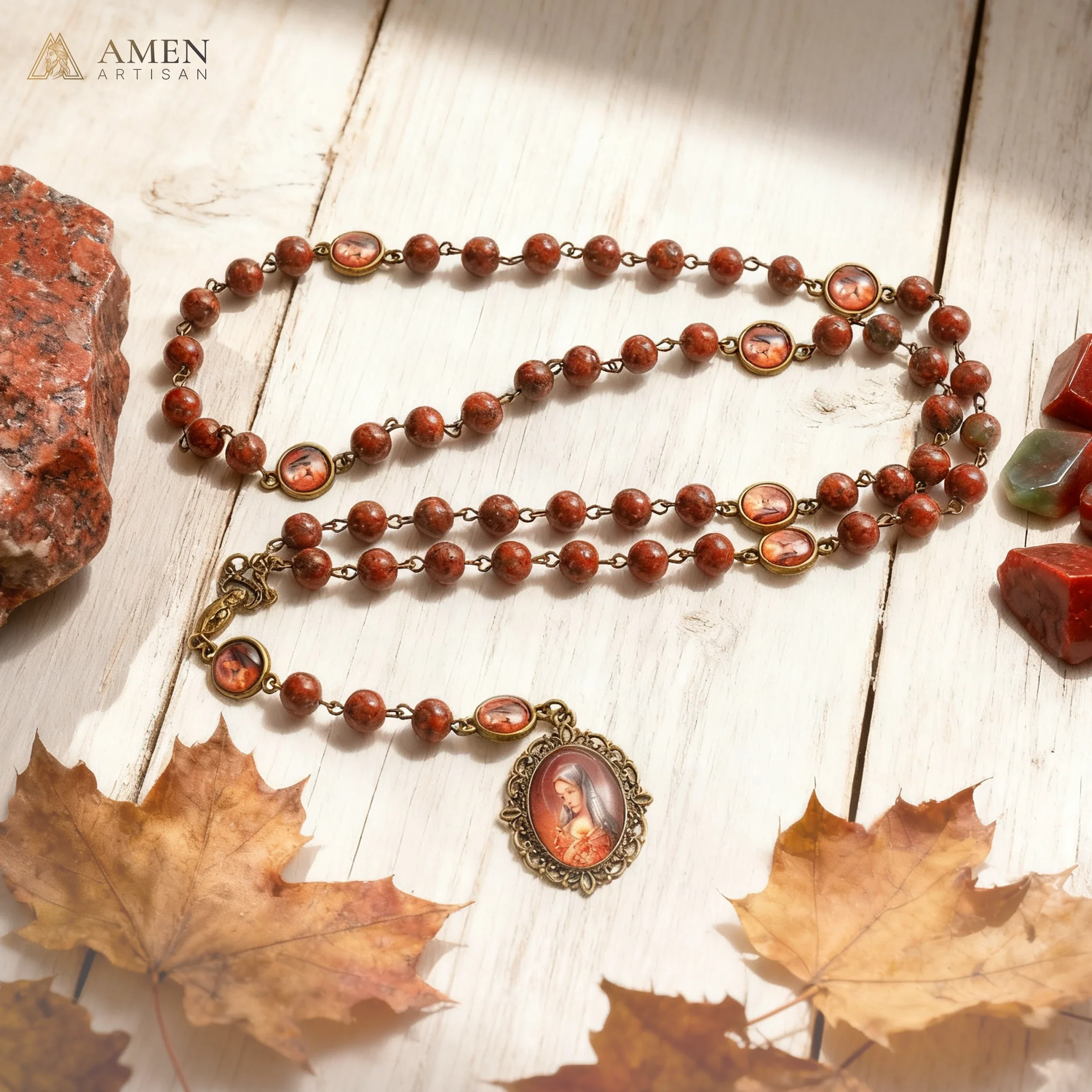 Red Sesame Stone Chaplet of the Seven Sorrows of Mary Amen Artisan