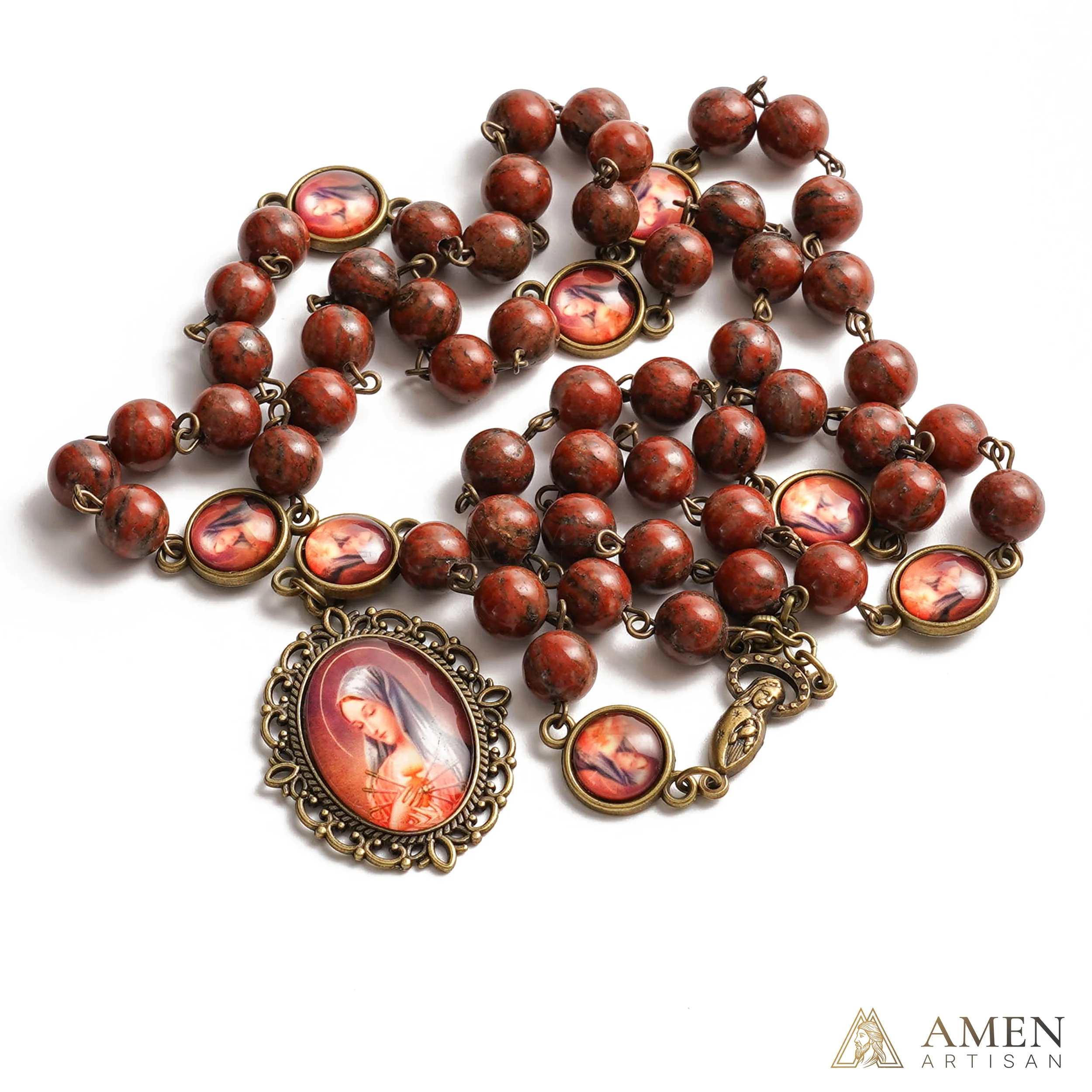 Red Sesame Stone Chaplet of the Seven Sorrows of Mary Amen Artisan - Image 2