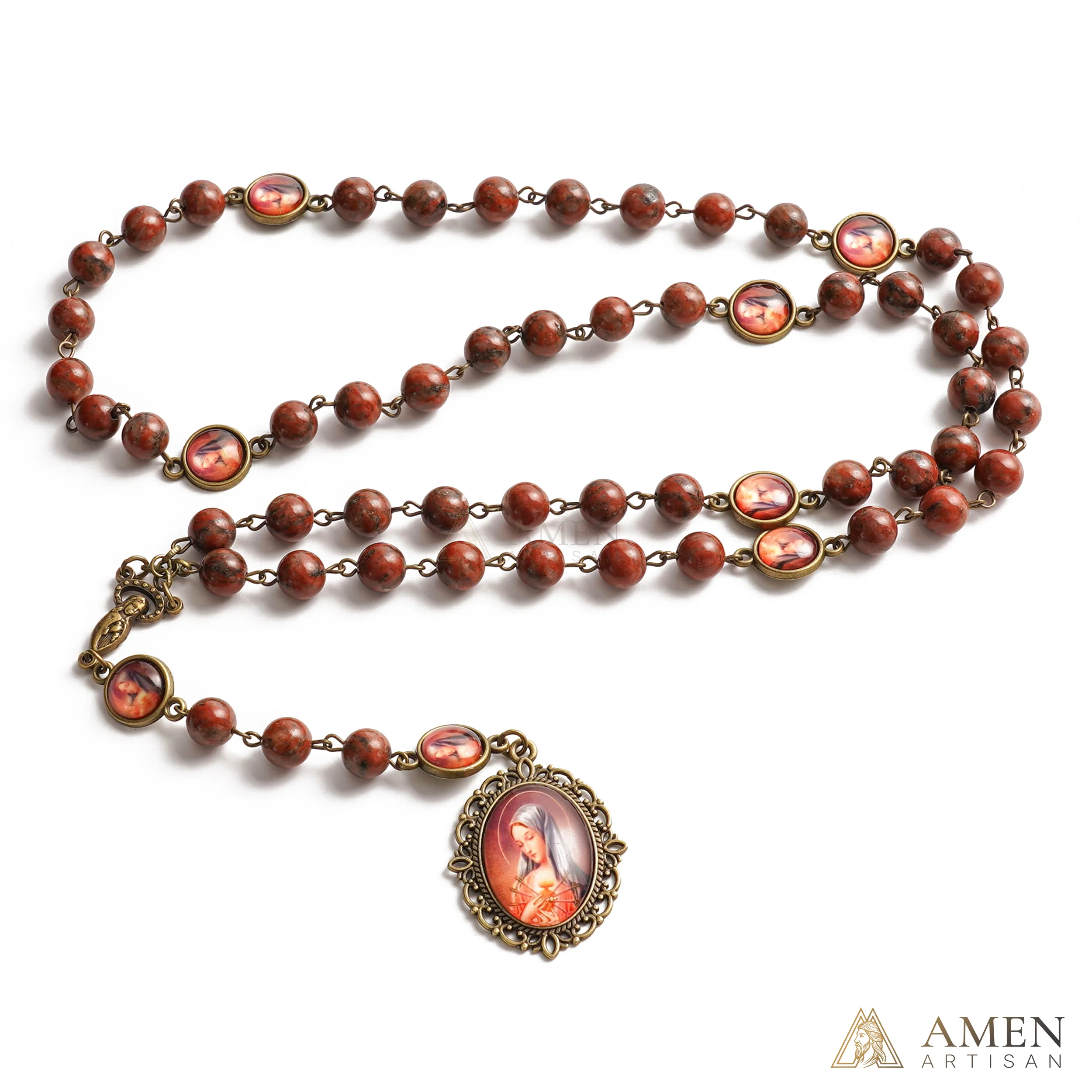 Red Sesame Stone Chaplet of the Seven Sorrows of Mary Amen Artisan - Image 3