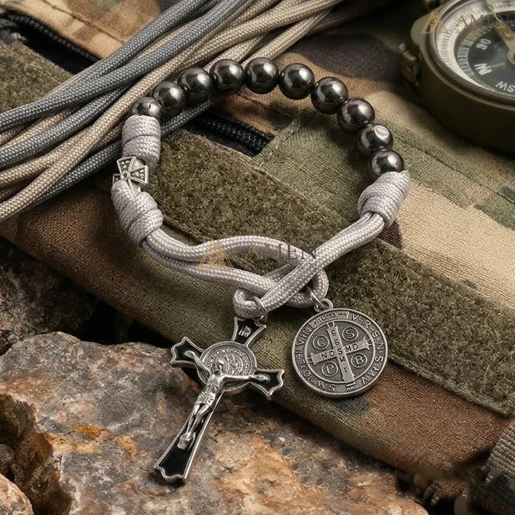 The "Cathedral Steel" St. Benedict multi-Decade Wrap Rosary by AMEN ARTISAN – Faceted Cobalt Finish with Smiling Jesus Crucifix