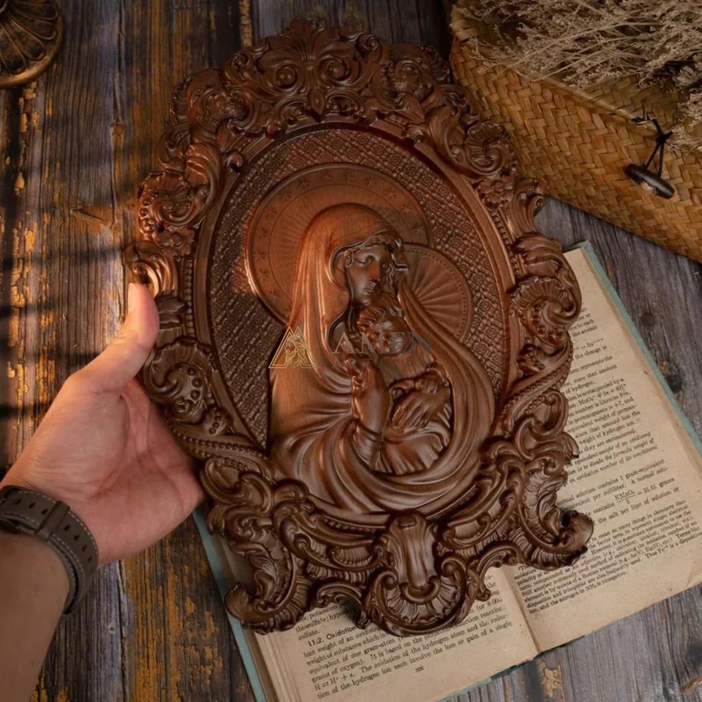 The Virgin Mary Holding The Infant Jesus Wooden Sculpture - Image 2