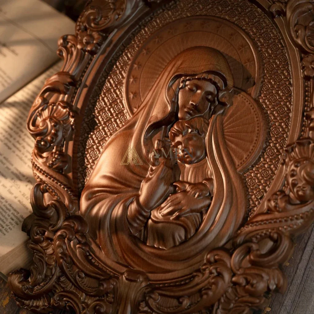 The Virgin Mary Holding The Infant Jesus Wooden Sculpture - Image 3