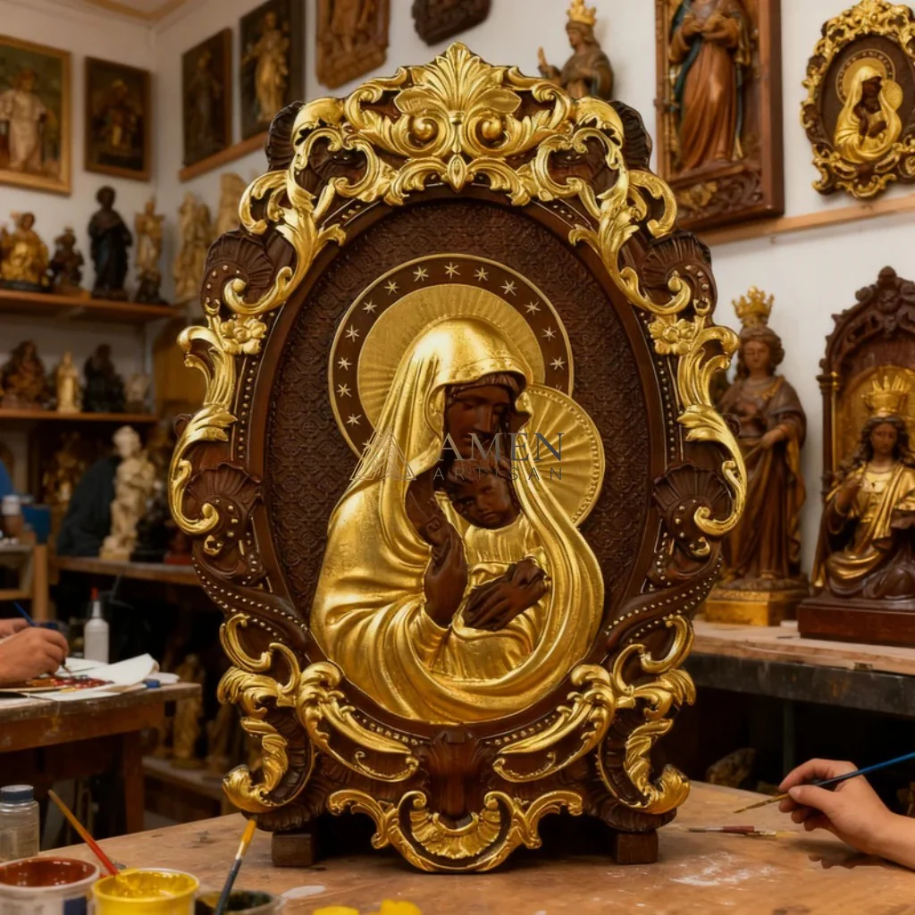 The Virgin Mary Holding The Infant Jesus Wooden Sculpture - Image 4