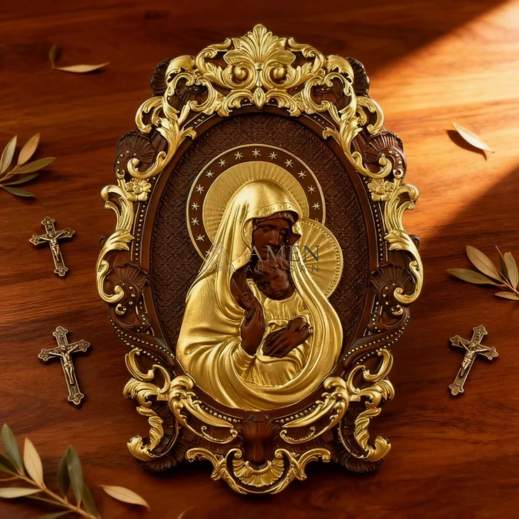 The Virgin Mary Holding The Infant Jesus Wooden Sculpture - Image 5