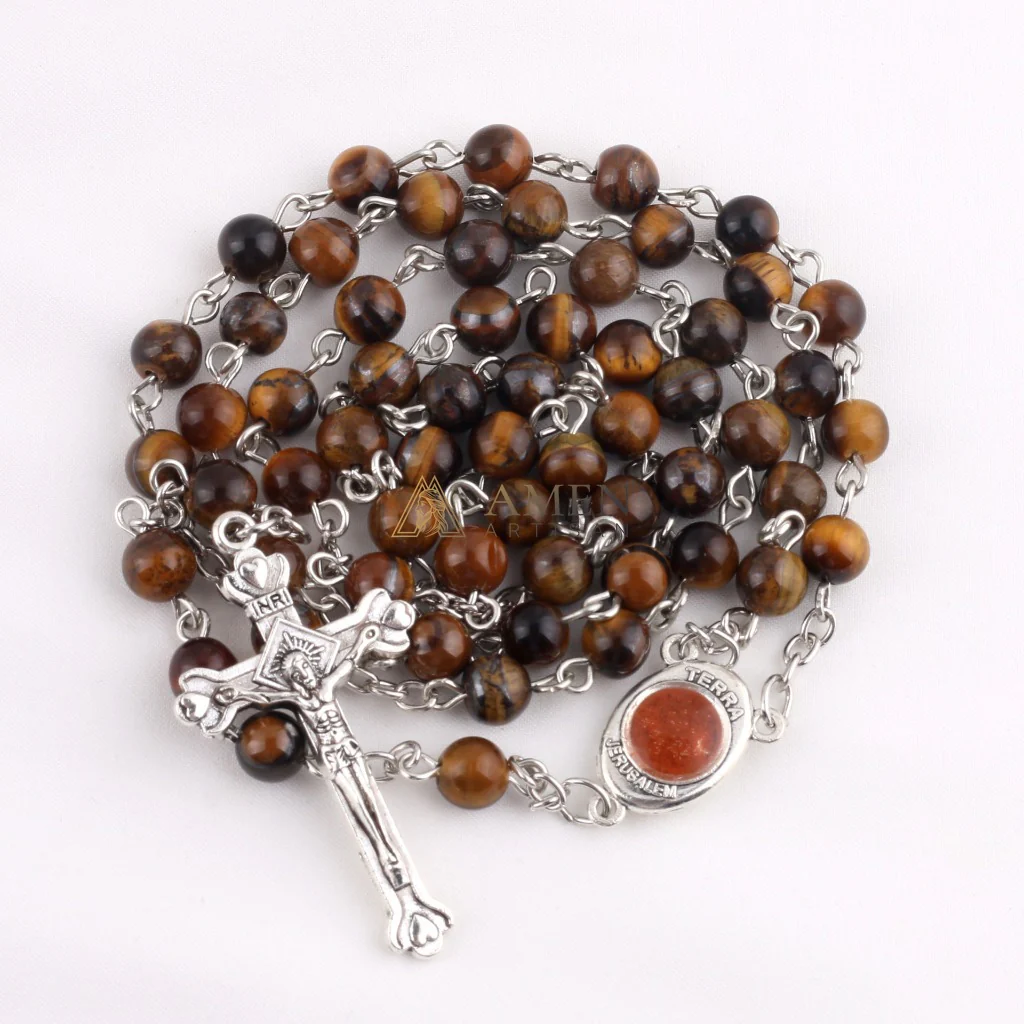 Tiger's Eye Saint Michael Crucifix Rosary Amen Artisan