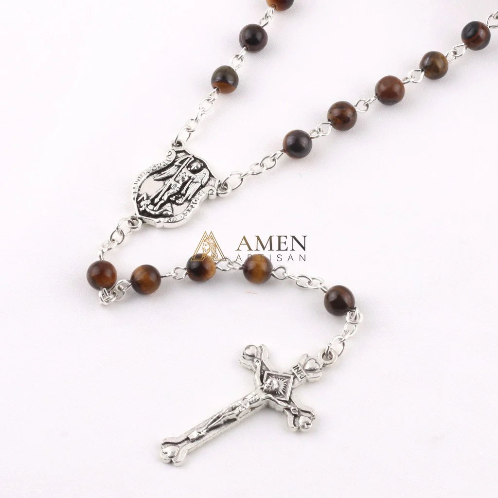 Tiger's Eye Saint Michael Crucifix Rosary Amen Artisan - Image 2
